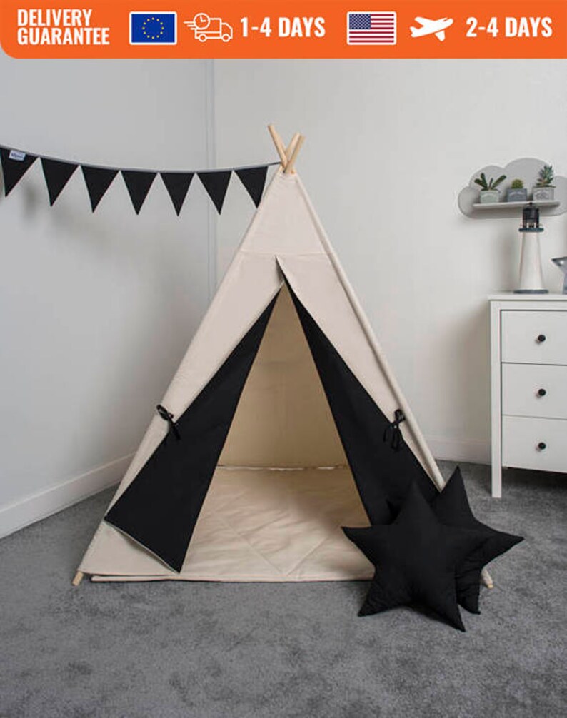 teepee tent children/'s teepee tent kids teepee play tent set 6 elements indian wigwam Just Black tipi