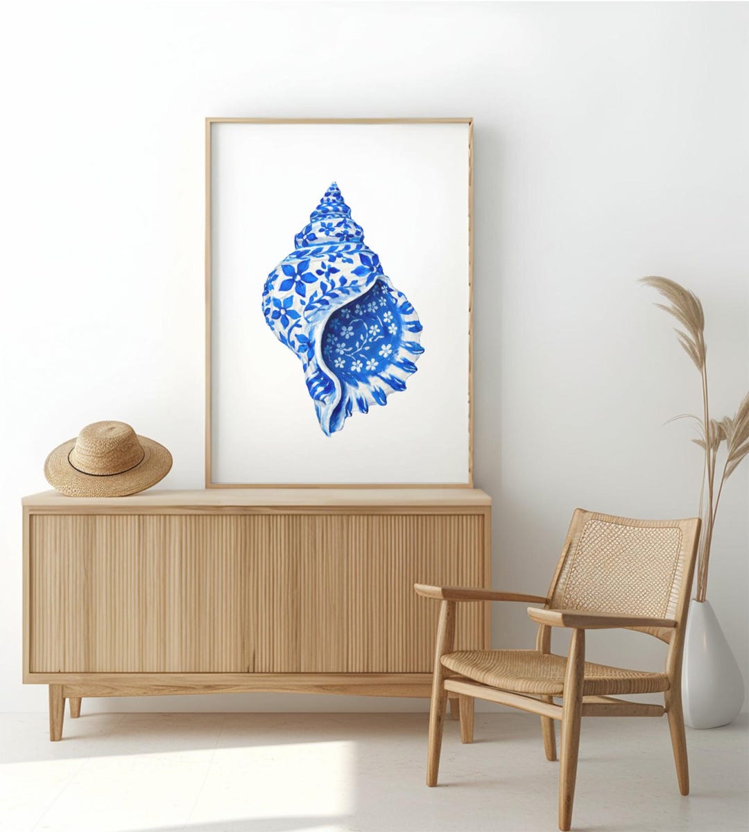 Blue White Conch Shell Art Print, Coastal Wall Decor (digital Download ...