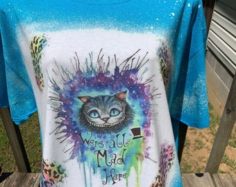 Alice in Wonderland,we're all mad,cheshire cat shirt,bleached shirt,bleached t shirt,cat shirt,funny shirt,bleached cat shirt,unique shirt,