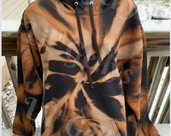Sudadera unisex con capucha naranja blanqueada y efecto tie-dye inverso
