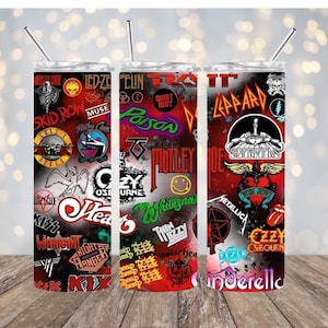 rock n roll tumbler,hard rock tumbler,80's rock bands,90's rock,poison tumbler,def leppard,guns n roses,20 oz tumbler,skinny tumbler