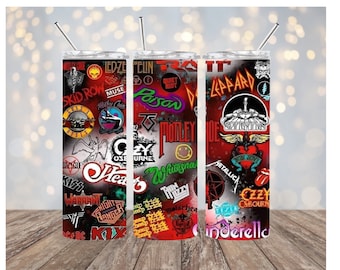 May include: Three stainless steel tumblers with a red, black and white design featuring logos of various rock bands, including KISS, Motley Crue, Warrant and Metallica.