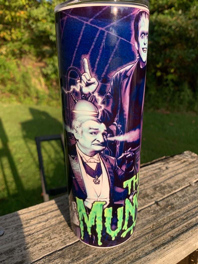 the Munsters tumbler,halloween tumbler,classic monsters,20 oz tumbler,skinny tumbler,vintage tumbler,tumbler with lid,insulated tumbler, image 2