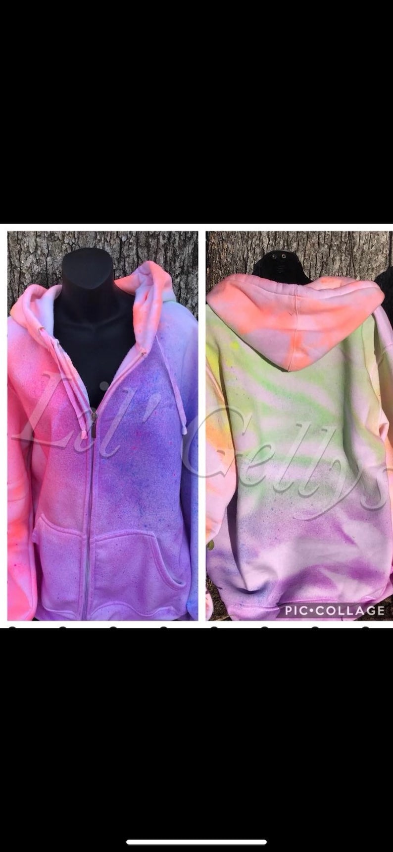 May include: A purple and pink tie-dye hoodie with a zipper closure. The hoodie has a hood and a pocket on the front. The hoodie is shown from the front and back.