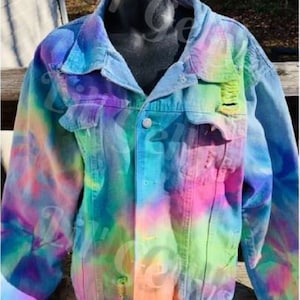 Tie dye denim jacket,tie dye coat,jean jacket,colorful jacket,unique jacket,tie dyed denim,rainbow tie dye,neon tie dye,unique gift,