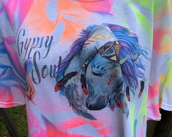 Tie dye shirt,horse shirt,Gypsy soul shirt,neon tie dye,pastel tie dye,horse gift,horse lover,Gypsy tshirt,shirt with feathers,unique shirt,