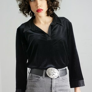 vintage 90s shirt, black velvet shirt, size L