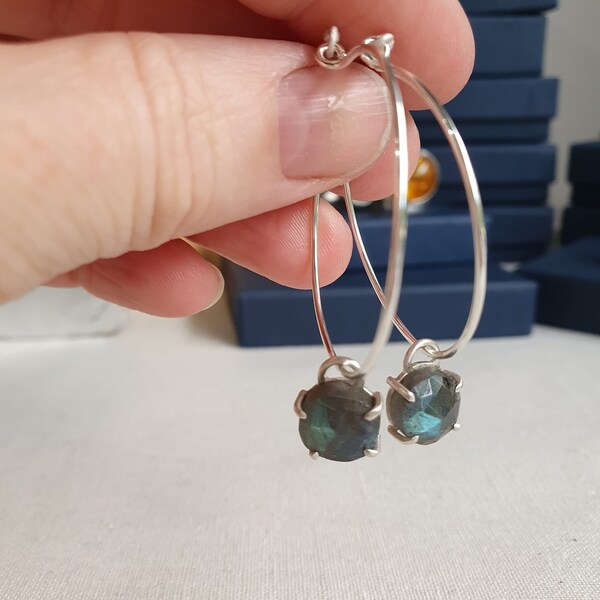 Silver Labradorite Hoop Earrings, Gemstone Hoop Earrings, Silver Earrings, Sterling Silver Hoops, Statement Earrings