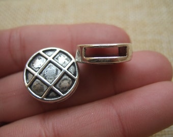 10pcs Antique Silver 10mm Flat Slider Spacers , Textured Grid Pattern Round for 10x2mm hole use with 5mm-10mm flat leather cord