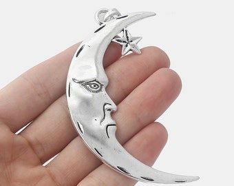 2pcs Antique Silver/Bronze Large Man in the Crescent Moon and Star Necklace Pendant Jewelry Making Findings 84mm