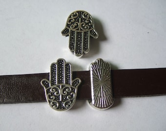 10pcs Hamsa Hand , hand of Fatima Sliders Spacer for 10mm Flat Leather Cord Bracelet Jewelry Making , Metal Findings Antique Silver