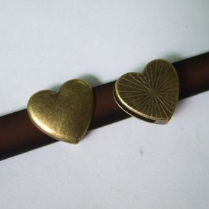 10 Pcs Antique Bronze Heart Sliders for 10mm flat leather cord , 10x2mm flat leather bracelet findings