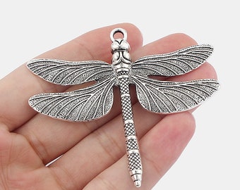 5 Large Antique Silver Dragonfly Charms Pendants for Jewellry Making 63*72mm