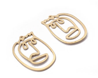 10 Raw Brass Face Charms , Brass Face Shaped Pendant , Earring Findings - Jewelry Supplies 21.5x34.5mm