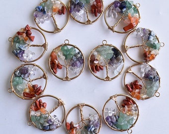 6 x Natural Stone 7 Chakra Beaded Tree Life Wire Wrapped Pendants 30mm