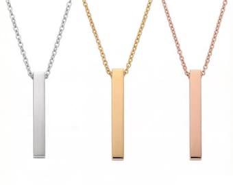 Stainless Steel Bar Necklace, Minimalist Vertical Cube Rectangle Pendant, 2mm Flat Cross Chain