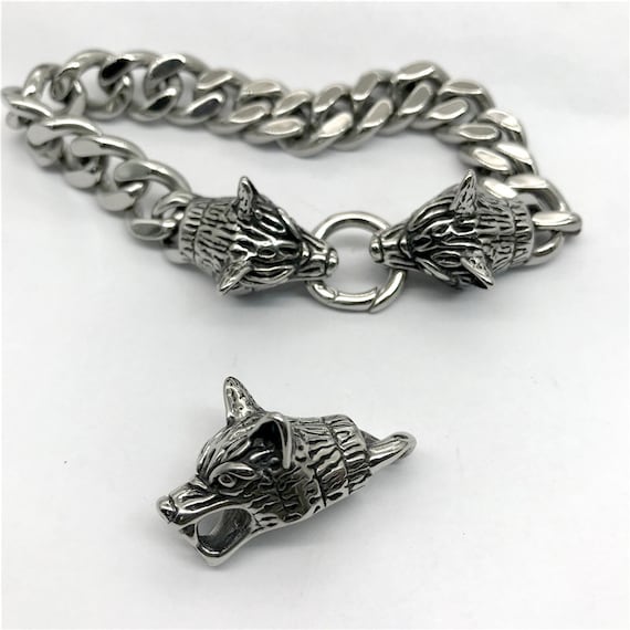 Stainless Steel Viking Wolf Head Spring Clasp Bracelet Connector