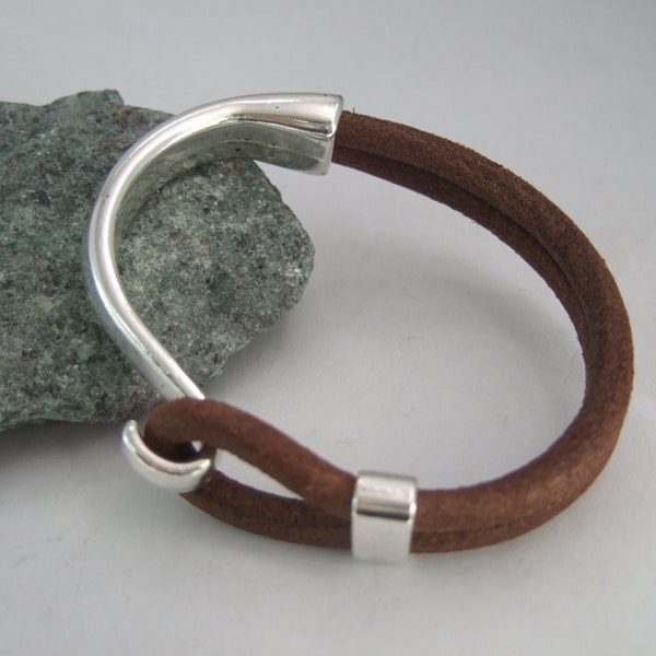 Natural Brown Leather Bracelet, Antique Silver Hook Clasp, Leather Bangle, Silver Clasp Bracelet,Women's Leather Bracelet