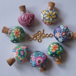 3 Fimo Clay Flower Heart Glass Bottle Vials With Cork Charms Pendants 22x23mm