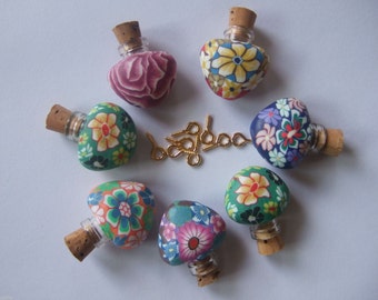 3 Fimo Klei Bloem Hart Glazen Fles Flesjes Met Kurk Charms Hangers 22x23mm