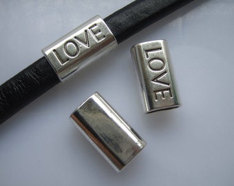 5pcs Antique Silver Word LOVE Tube Spacers, Licorice Leather Slider