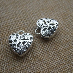 3 Antique Silver (Double Sided) Hollow Flower Heart Charms