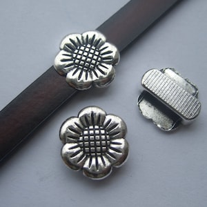 10 Daisy flower sliders spacer , sunflower beads for 10mm flat leather cord , 10x2mm flat bracelet Findings Antique Silver