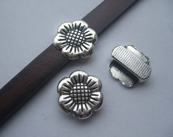 10 Daisy flower sliders spacer , sunflower beads for 10mm flat leather cord , 10x2mm flat bracelet Findings Antique Silver