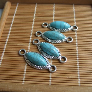 10pcs Antique Silver Turquoise Oval Eye Beads Connector Charms  for Bracelet Necklace Making 35x13mm