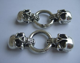 2 Sets Antique Silver 11x5mm hole Mens leather bracelet clasp , Skull Head Clasps for 5mm round leather