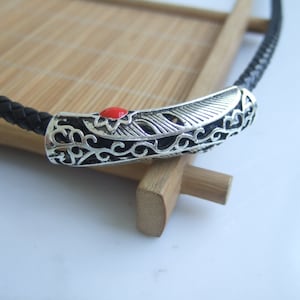 3 Antique Silver 9mm hole Feather red Enamel Tube for Round Leather findings 50x11mm