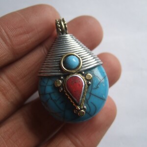 Turquoise Drop Pendant , Antique Silver Drop Pendant 33x26mm