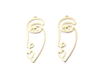 10 Brass Human Face Charms , Face Shaped Raw Brass Pendant , Brass Earring Findings 41x15.5x1mm