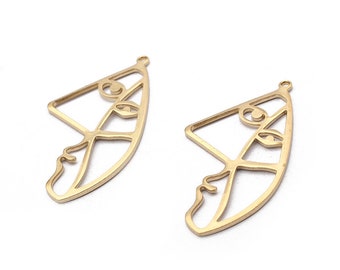10 Raw Brass Face Charms , Brass Face Shaped Pendant , Earring Findings - Jewelry Supplies 22x39mm