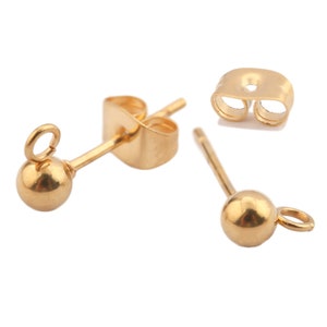 Stainless Steel Ball Earring Post , 4mm Ball Padding Studs , 18K Real Gold Plated Steel Ball Stud