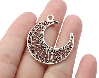 10 Antique Silver Filigree Crescent Moon Charms 30x33mm in Bulk Wholesale