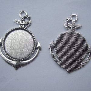 10 Antique Silver Anchor Shaped Picture Frame Charm Pendant Blank for 25mm Cameo DT079-1