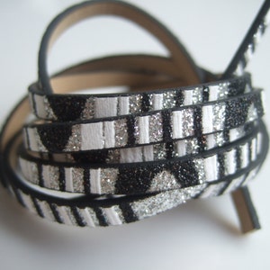 1meter 5x2mm Black White Striped Bling Leather Cord 5mm Flat PU leather cord P412