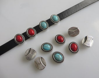 5pcs Antique Silver 10mm Flat Leather findings oval turquoise stone beads Flat Leather slider spacer for 10x2mm leather cord