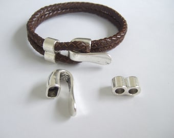 3 Sets Antique Silver Hook Half Cuff Bracelet Clasp Findings For 2 Strands of 5mm Round Leather