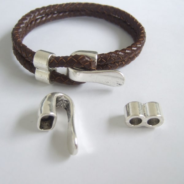 3 Ensembles Antique Silver Hook Half Cuff Bracelet Fermoir Résultats Pour 2 Brins de Cuir Rond de 5mm