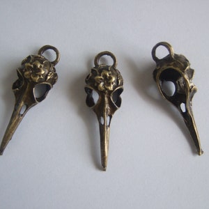 May include: Three antique bronze bird skull charms with floral details. Each charm has a loop at the top for attaching to jewellery or other crafts.