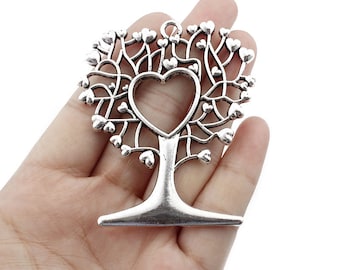 2pcs Antique Silver Heart Tree Life Pendentifs 56x65mm