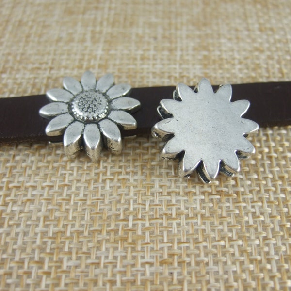 10 Antique Silver Sunflower Bracelet Slider Spacer Beads Charm  for 5mm 10mm Flat Leather Bracelet