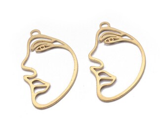 10 Brass Face Charms , Raw Brass Face Shaped Pendant , Earring Findings - Jewelry Supplies 24x43mm