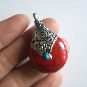 Red Turquoise Pendant , Antique Silver (3D and Double Sided)  Tear Drop Pendant 37x26mm