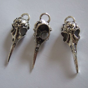 10 Antique Silver Alloy ( 3D) Pendants Charms - 11x14x41mm Crow Raven Bird Skull