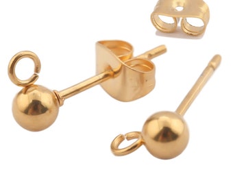 10pcs Stainless Steel Earring posts with ball Connector 4mm Padding 18K Gold Plated Stainless Steel earrings post