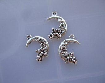 10 antique silver Angle and Crescent Moon charms double sided 22x15mm