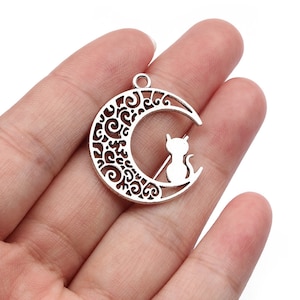 10 Antique Silver Cat Moon Charms 25x30mm in Bulk Wholesale